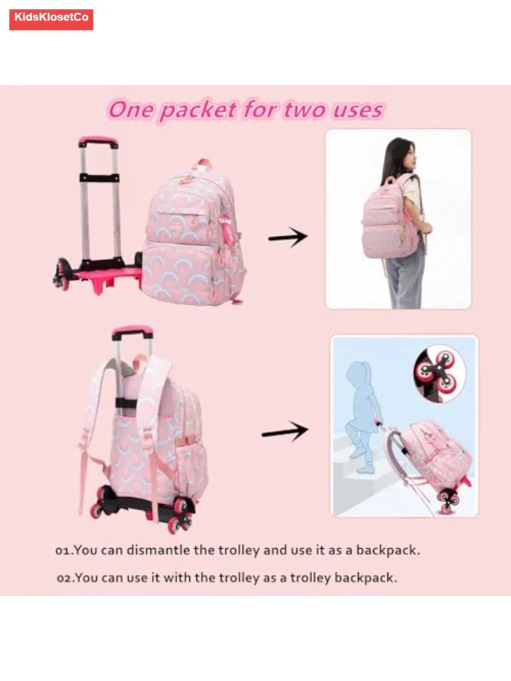 Rolling Backpack for Kids with Wheels, Nylon, Elementary School Trolley Bag